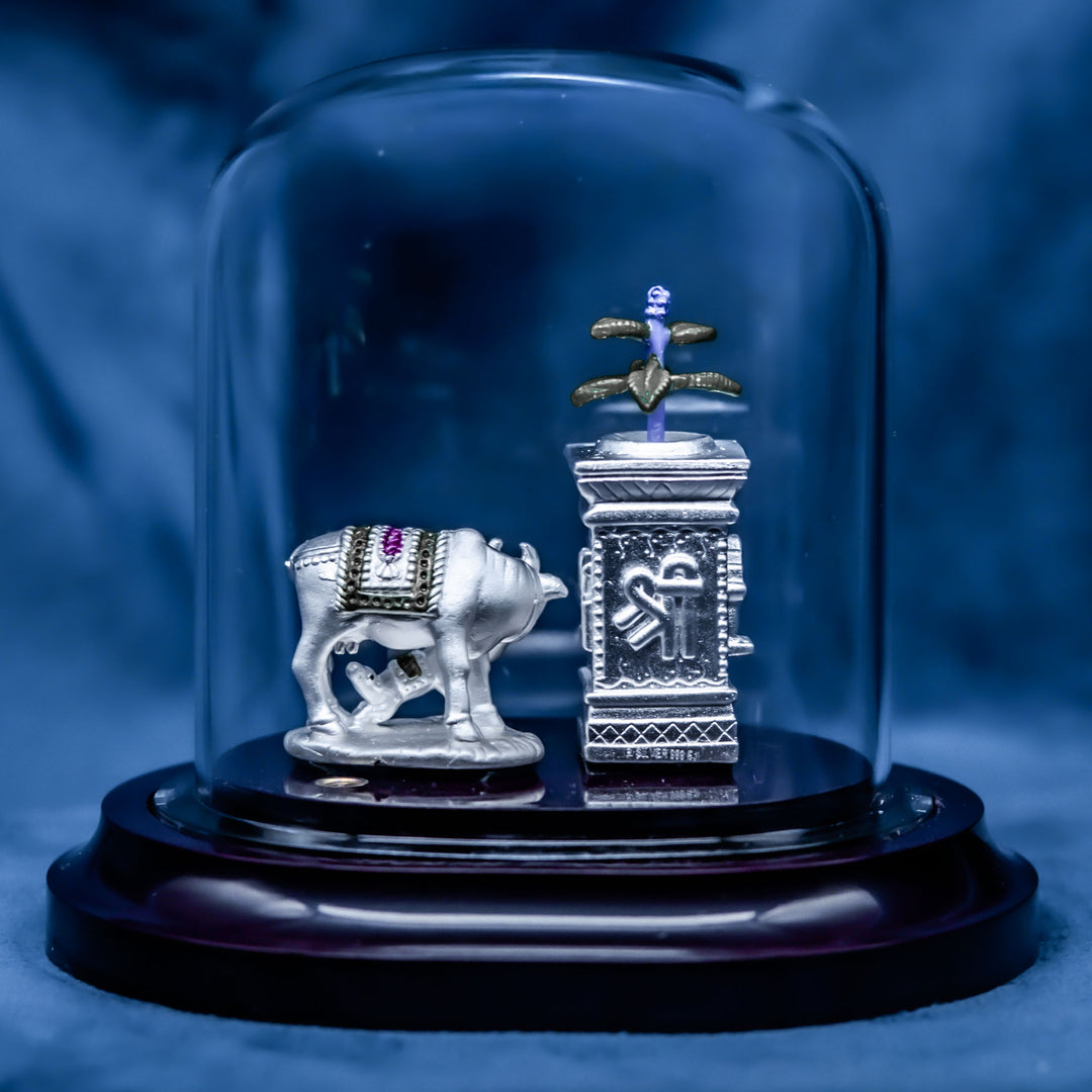 Kamdhenu Cow with Tulsi Plant Murti in Pure 999 Silver