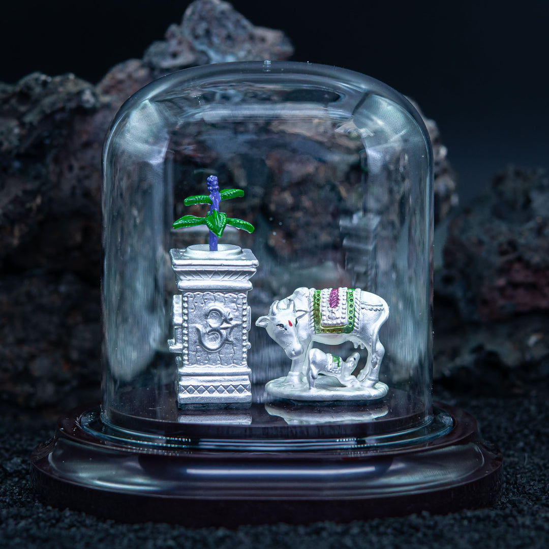 Kamdhenu Cow with Tulsi Plant Murti in Pure 999 Silver