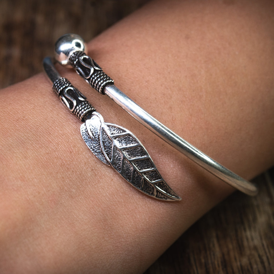 Sterling silver leaf branch bangle