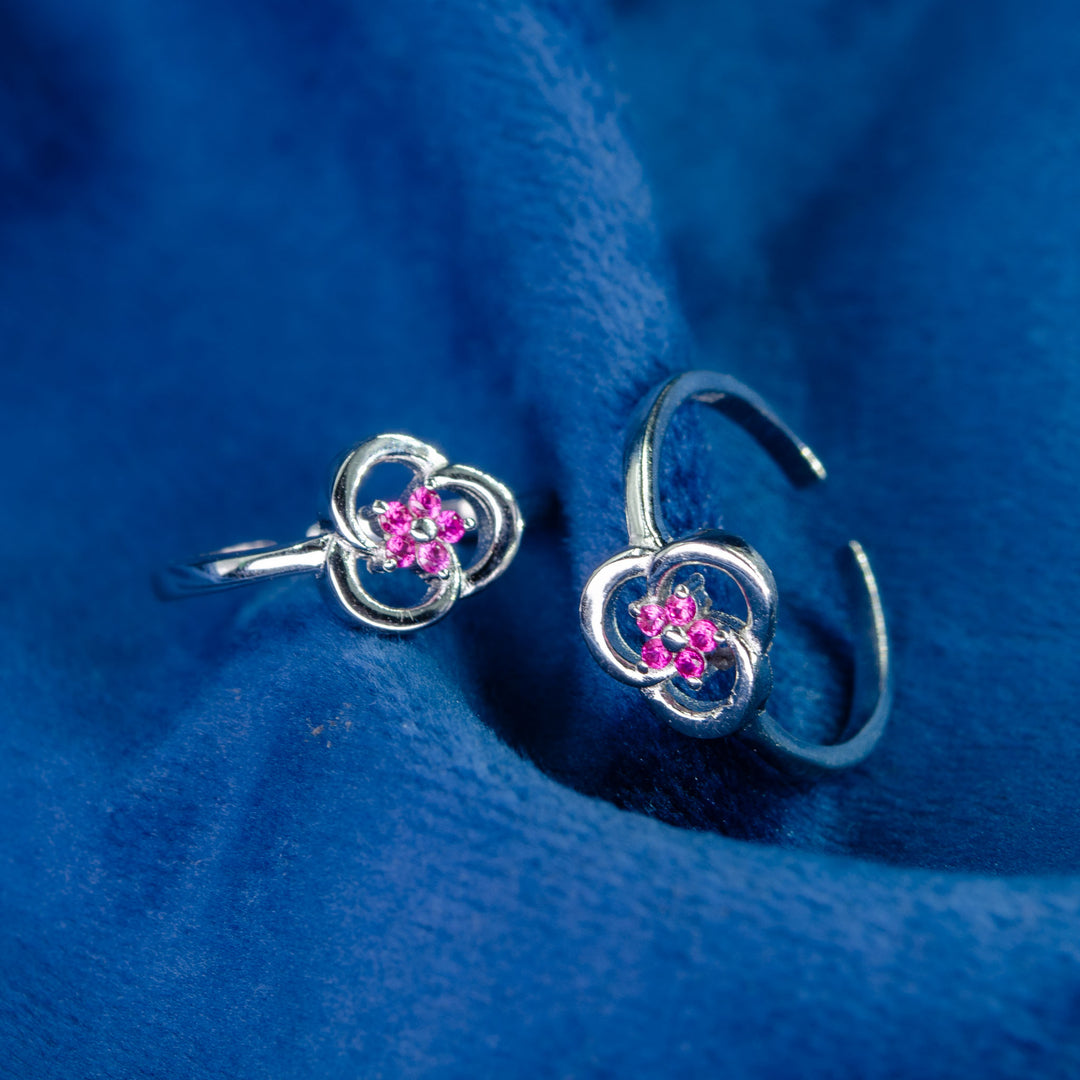 BloomCharm – Silver Toe Rings with Pink Stones